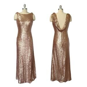 Vintage 90s Y2K Prom Dress Maxi Gown Size 4 Rose Gold Sequins Formal Cape Back